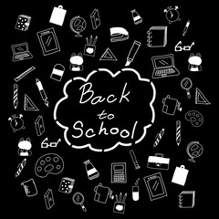 Back to school concept. Hand drawing doodle of equipment for study in classroom isolated on black background.