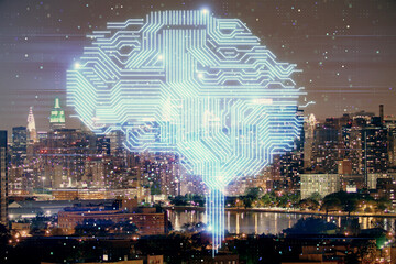 Brain hologram drawing on city scape background Double exposure. Brainstorming concept.