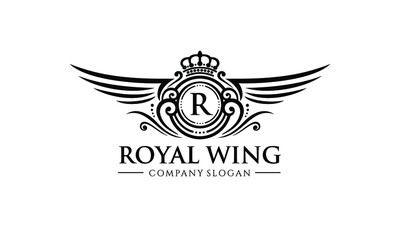 Classy Black Royal Wing Logo on White Background - Fancy Letter Crest Design - Elegant Vintage Brand Icon - Luxury Wing Initial Emblem - King Symbol Monogram - Heraldic Crown and Wings Badge Vector Il