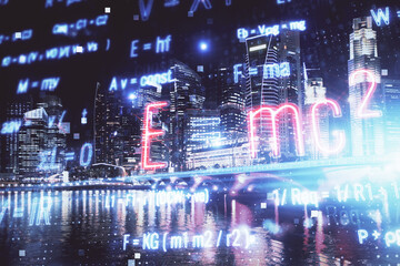 Obraz premium Double exposure of sience formula drawing and cityscape background. Concept of education.