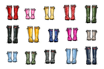 Different colors wellies collection. Rubber boots autumn fall home family concept. Vector illustration in watercolor style. Decoration seasonal card on white background.