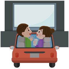 ドライブインシアターで映画を見る男女　イラスト