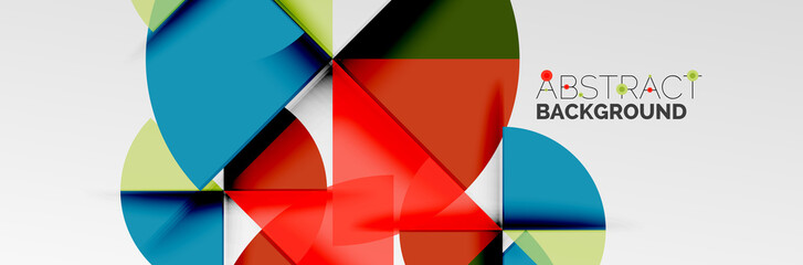 Bright color circles, abstract round shapes and triangles composition with shadow effects. Vector modern geometric design template