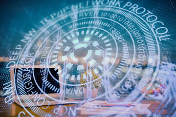 Double exposure of table with computer on background and data theme hologram. Data technology concept.