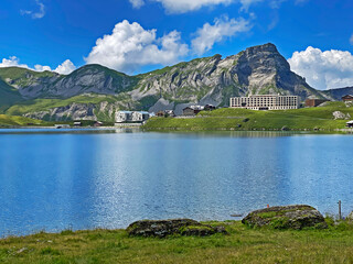 Summer and winter sports and recreational resort Melchsee-Frutt on the shores of Lake Melchsee,...