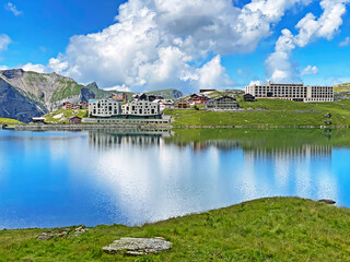 Summer and winter sports and recreational resort Melchsee-Frutt on the shores of Lake Melchsee,...