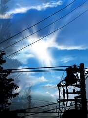 silhouette of electric pole and Power transmission tower in sunny sky