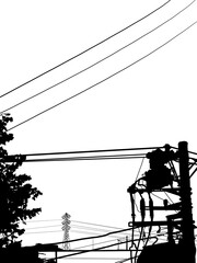 silhouette of electric pole and Power transmission tower
