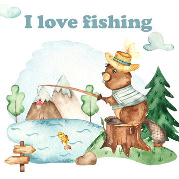 Watercolor camping card with beaver fisherman, lake, mountains, trees