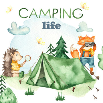 Watercolor card camping life with fox, hedgehog, tent, fir trees, clouds