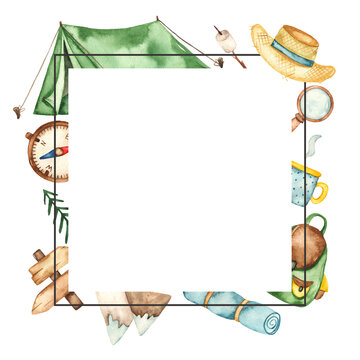 Watercolor square frame camping template with tent, backpack, tourist rug, mountains, pointer, compass