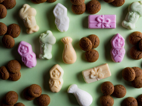 Sinterklaas candy called Pepernoten and schuimpjes. Flat lay.
