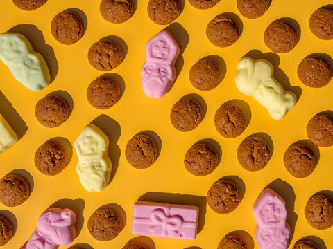 Sinterklaas candy called Pepernoten and schuimpjes. Flat lay.
