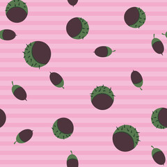 Horse chestnuts and acorns seamless vector pattern on pink. Autumn plants seasonal surface print design for fabrics, stationery, scrapbok paper, gift wrap, and packaging.
