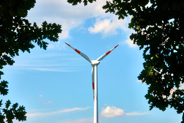 Windmill for generating electrical energy, framed from below by green leaves on branches.