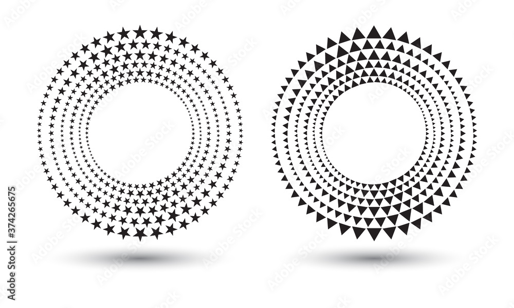Poster modern abstract background. halftone stars and triangles in circle form. round logo. vector dotted f