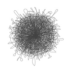 Tangled chaos abstract hand drawn messy scribble ball vector illustration. Random chaotic dynamic scrawl lines. Wild emotion irregular pattern isolated on white background.