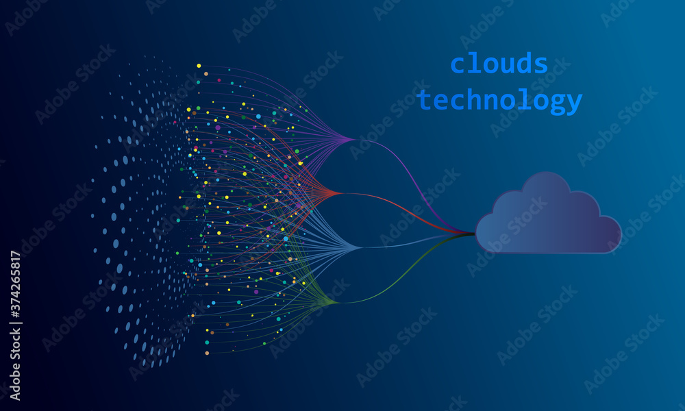 Poster Big data sorting and connection with cloud concept. Blue technology abstract background.