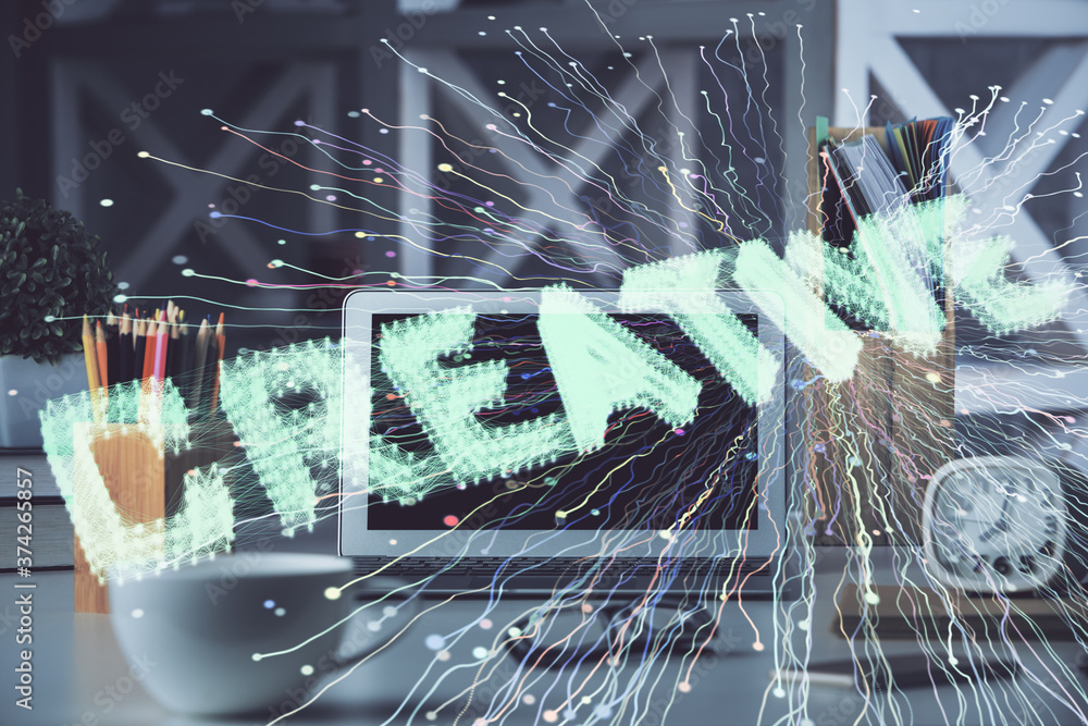 Aufkleber desktop computer background in office and start up theme hologram drawing. double exposure. startup 