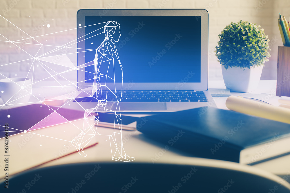 Aufkleber Desktop computer background in office and start up theme hologram drawing. Double exposure. Startup concept.