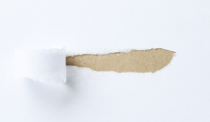 Torn white paper with brown background.