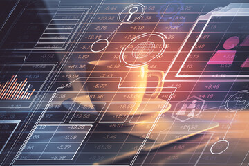 Double exposure of desktop computer and technology theme hologram. Concept of software development.
