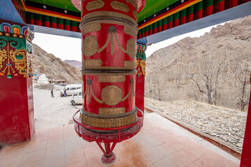 Inside of Hemis temple monastery ,Big and Large temple in Leh Ladakh , India with rock mountain screen.
