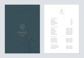 Beverage menu template design, line art illustration of cocoa beans in blue tone
