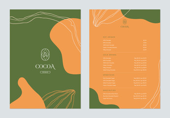 Beverage menu template design, line art illustration of cocoa beans in green and orange