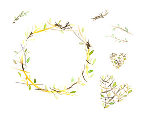 Watercolor set of wreaths made of twigs and leaves and hearts in boho style. These handmade design elements in Golden tones are ideal for decorating postcards, wedding invitations in eco-style.