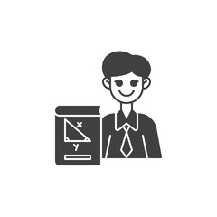 Geometry teacher vector icon. filled flat sign for mobile concept and web design. Man teacher with geometry book glyph icon. Symbol, logo illustration. Vector graphics