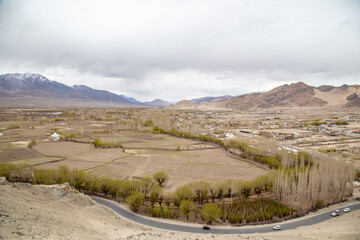 Fototapeta na wymiar City view of Leh Ladakh from Thiksey Monastery, Thiksey Gompa in Leh Ladakh, India