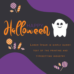 Illustration with decorations in Halloween. Poster of ghosts and black bat. Halloween candy.
