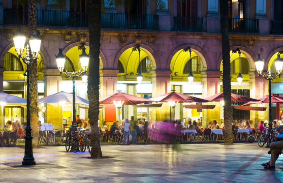 Placa Reial is famous tourist attraction in Barcelona, Spain