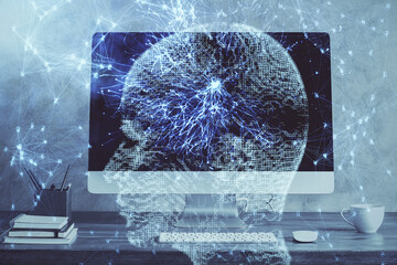 Obraz premium Multi exposure of work table with computer and brain hologram. Brainstorm concept.