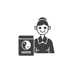 Philosophy teacher vector icon. filled flat sign for mobile concept and web design. Woman teacher with Yin Yang book glyph icon. Symbol, logo illustration. Vector graphics