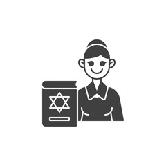 Jewish religious teacher vector icon. filled flat sign for mobile concept and web design. Woman teacher and book with david star glyph icon. Symbol, logo illustration. Vector graphics