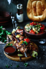 Pork Shashlik with grilled vegetables and sause