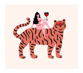 Fototapeta na wymiar Vector illustration with tiger and woman with black glass of red wine. Trendy print design with wild animal