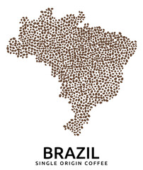 Fototapeta premium Shape of Brazil map made of scattered coffee beans, country name below