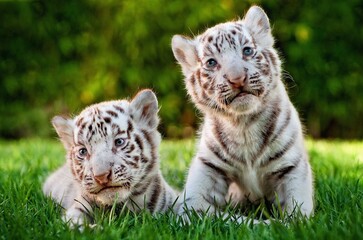 Fototapeta na wymiar Kitten tiger, Sit on green grass, White tiger.