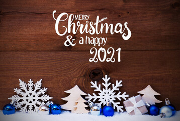 Fototapeta na wymiar Christmas Tree, Blue Ball, Snow, Merry Christmas And Happy 2021