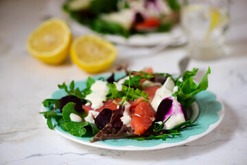 Smoked salmon salad.selective focus.