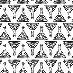 Vector seamless black and white abstract pattern of ornamental eyes in test tube