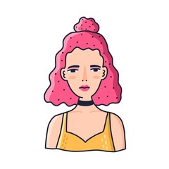 Portrait of modern hipster girl with pink hair vector flat illustration. Face of teenager female with bright makeup and hairstyle isolated. Avatar of adolescent character in doodle style