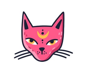 Doodle muzzle of magic pink cat with moon on forehead vector flat illustration. Avatar of mystic feline character with big yellow eyes isolated. Portrait of clairvoyant animal or enchanted pet
