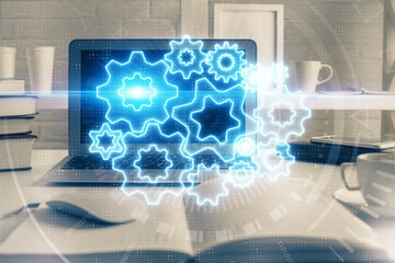 Multi exposure of business theme icons and table with computer background. Concept of success.