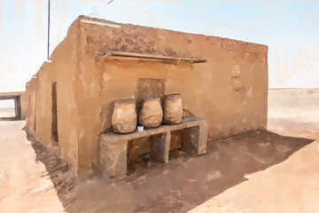 watercolor illustration: House built of mud bricks in the desert with a bench on which drinking...