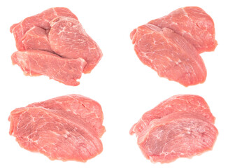 Сollage slice of raw pork meat isolated on white background. schnitzel. steak. meat tenderloin