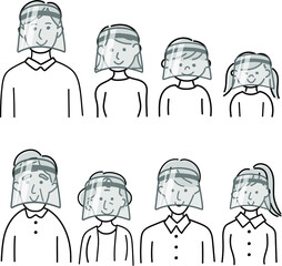 Illustration of a family wearing a Face shield black and White